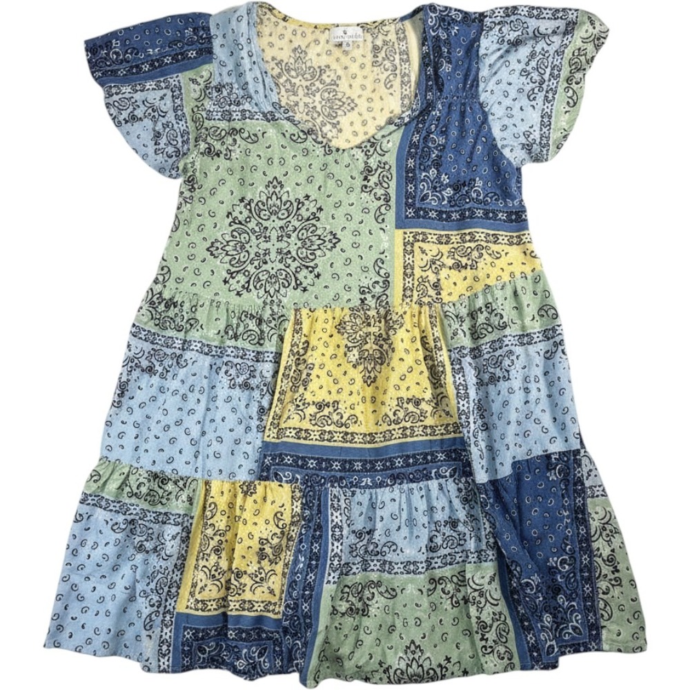 True Craft Dress Womens Small S Blue Yellow Bandana Patchwork Boho Rayon Mini
